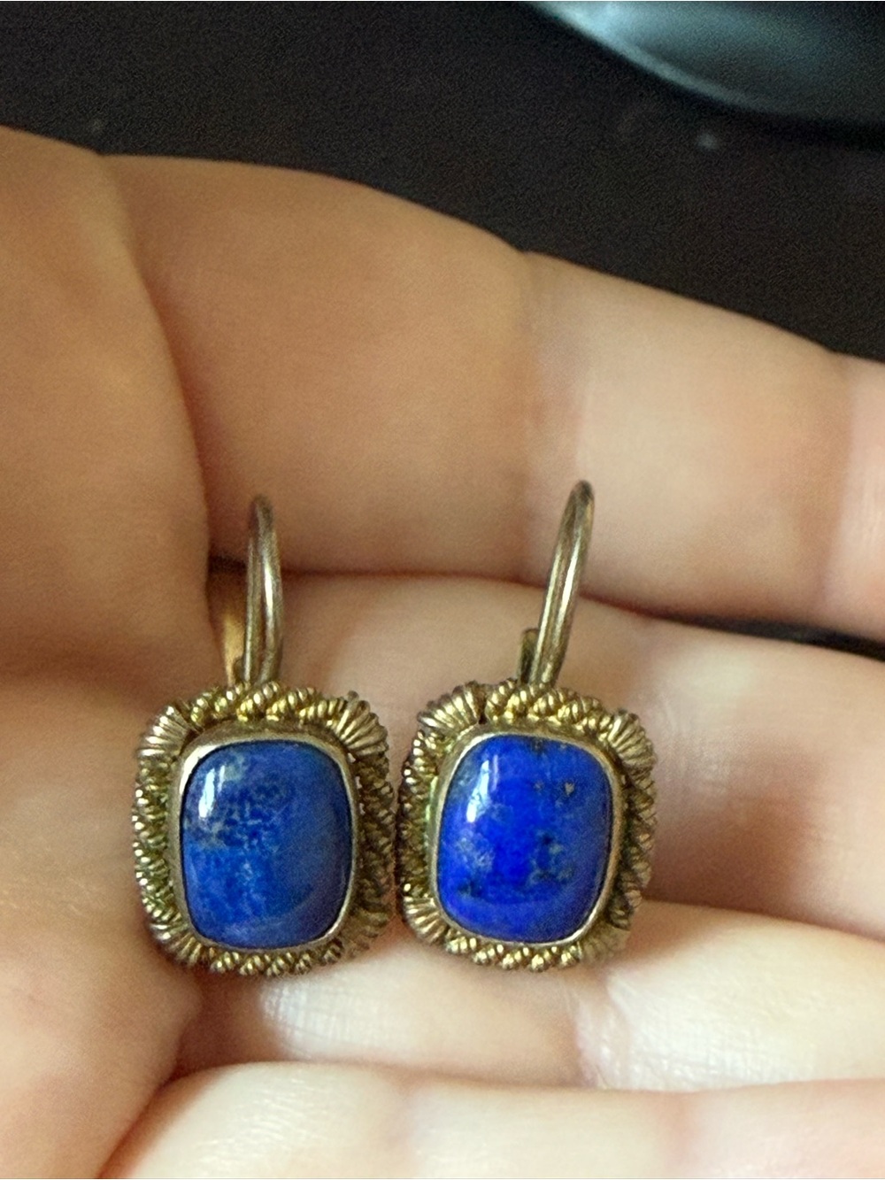 24k gold onSterling Silver Lapis Lazuli Earrings Blue Cabochons Braided Filigree